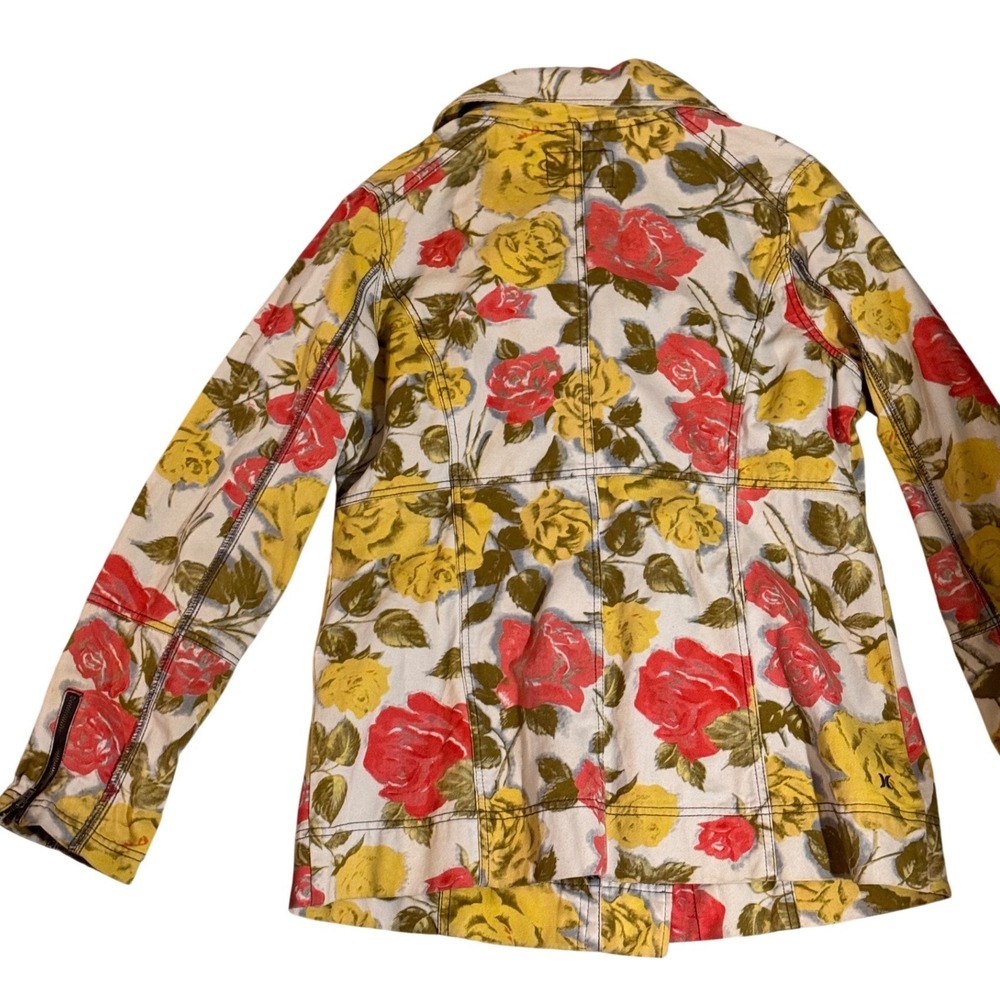 Hurley Womens Floral Denim Jacket Red Yellow Rose Double Breasted Utility Coat L - Picture 4 of 6
